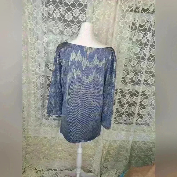 PECK & PECK  Sheer Light Blue Metallic Gold Top Size L - Picture 4 of 11